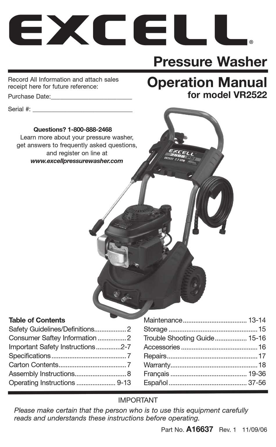 ex cell 2500 pressure washer parts diagram