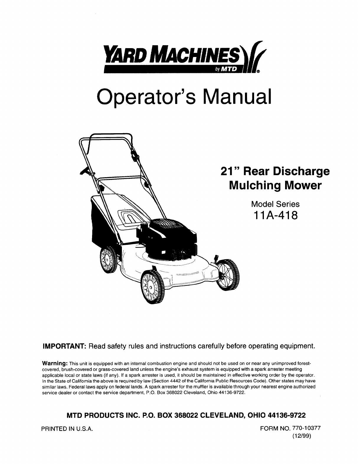 yard machines push mower parts diagram